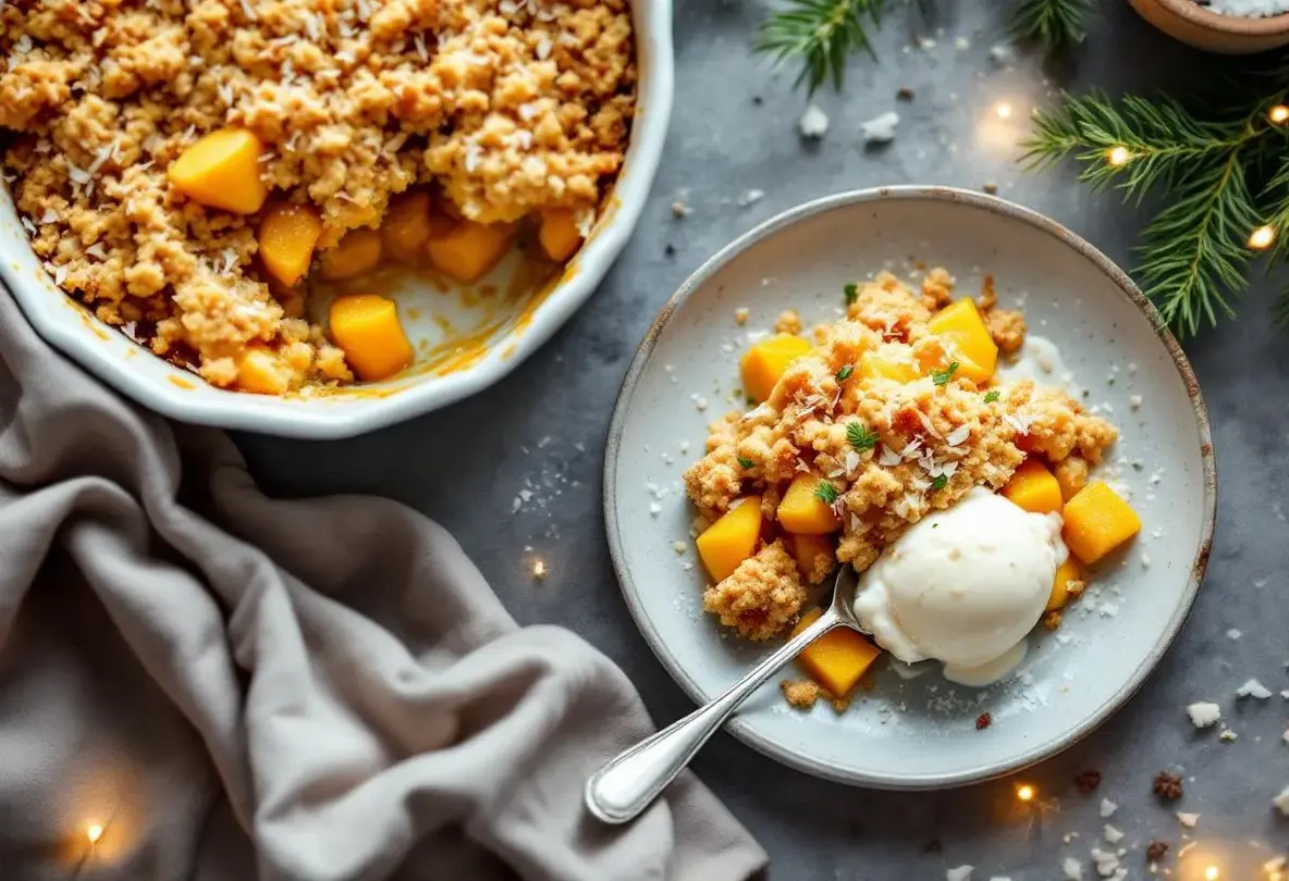 Il vole la vedette aux bûches : le crumble mangue-coco-citron vert, croustillant sous la neige et fondant en bouche